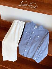 SHEIN 2pcs Baby Boy Casual Cute Light Blue Long Sleeve Shirt & Elastic Waist Pants Set, Suitable For Birthday Party, Rave, Evening Party, Performance, Wedding, Baby's 1st Month, Christening, 1st Birthday Celebration, Wedding Guest, Baby Shower Christening Outfit Light Blue Baby Boy 18 Month Clothes Boy Baby Boys Outfits Button Up Dress Shirt Boy - Multicolor - View 6