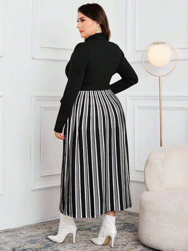 Modelyn Plus Size Women's Casual Commute Daily Versatile Colorblock Striped Pattern Turtleneck Belted Sweater Dress, Autumn/Winter - Black - View 2
