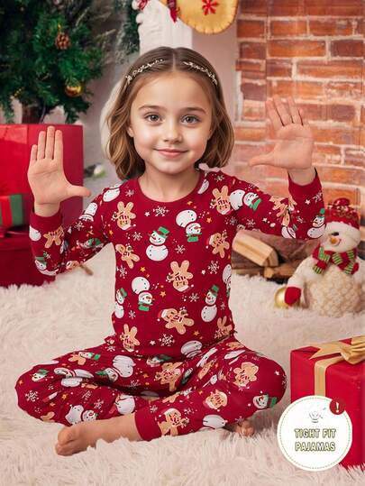 Girls Gingerbread Man & Santa Claus Print Long Sleeve Snug Fit Pajama Set Whole Family Matching Pjs