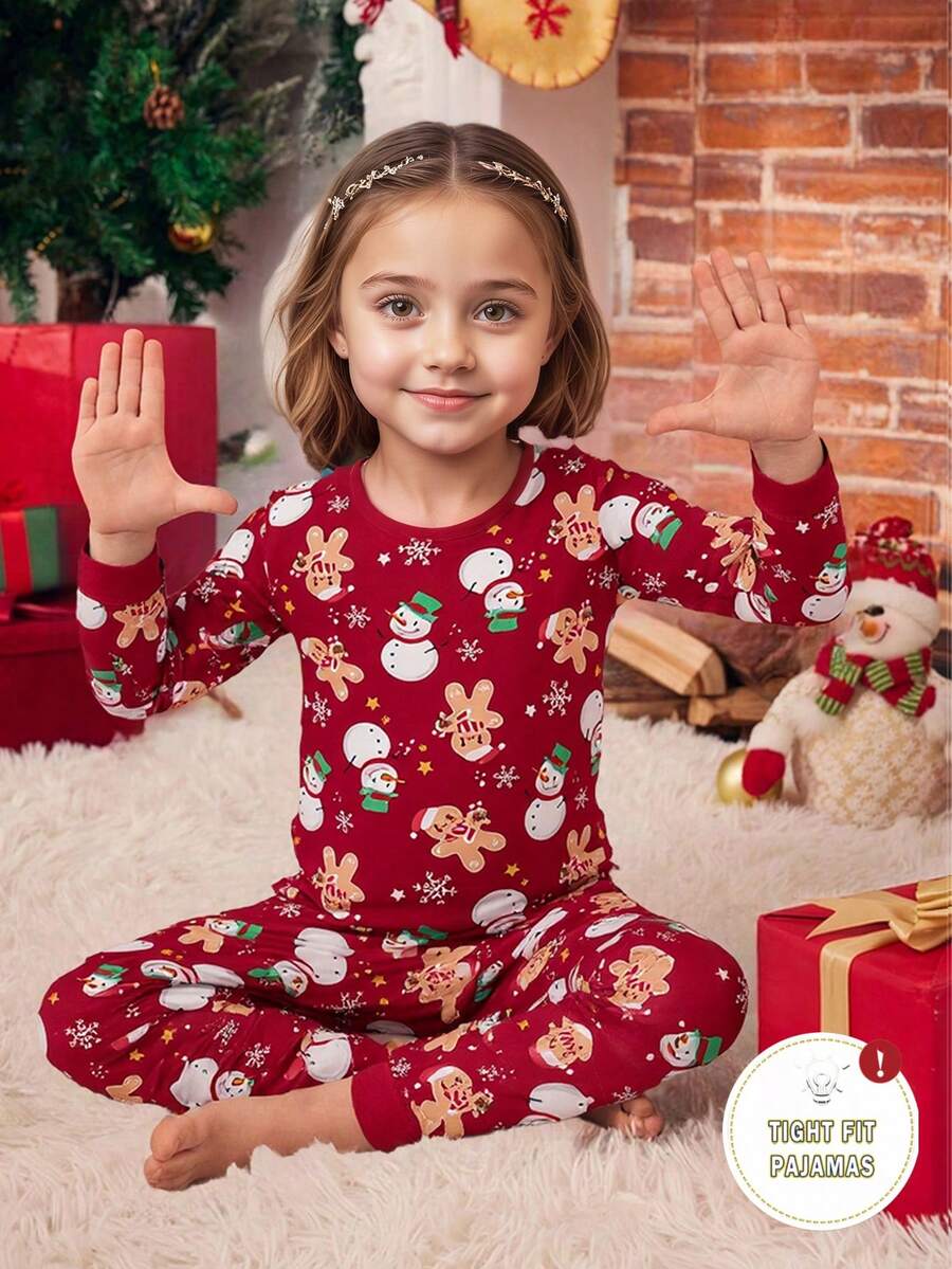 Girls Gingerbread Man & Santa Claus Print Long Sleeve Snug Fit Pajama Set Whole Family Matching Pjs - Multicolor - View 1