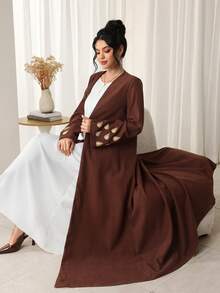Al Najma Abaya con mangas largas y adornos de strass para mujeres, elegante para fiestas y salidas, otoño/invierno - Café integral - Ver 7