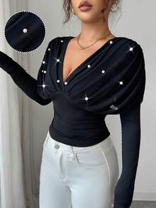 Elenzga Women's V-Neck Raglan Long Sleeve Mesh Patchwork Fitted Waist Beaded Decor Elegant Refined T-Shirt - Black - View 1