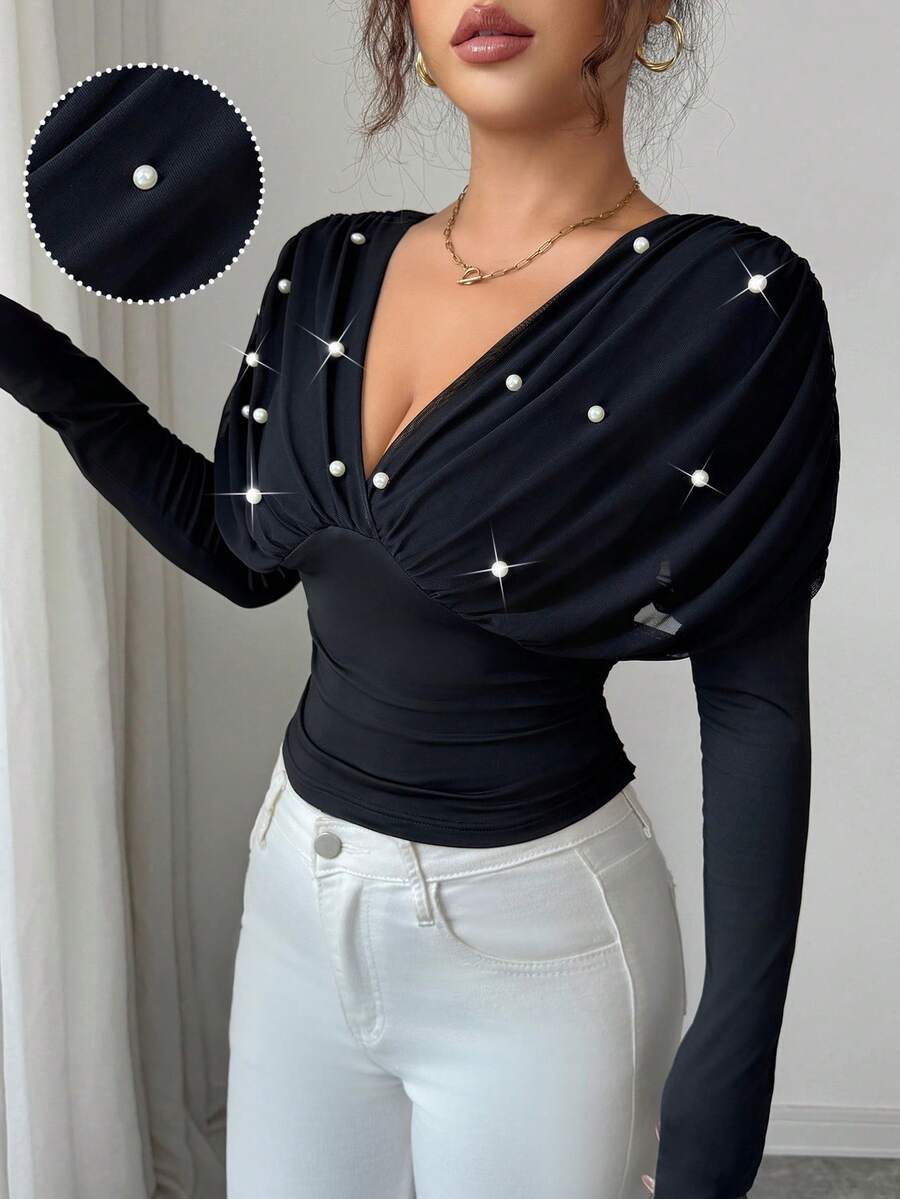 Elenzga Women's V-Neck Raglan Long Sleeve Mesh Patchwork Fitted Waist Beaded Decor Elegant Refined T-Shirt - Black - View 1