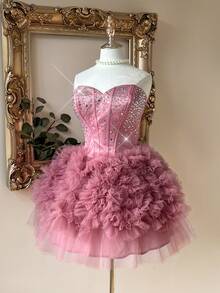 Lovelzi Elegant And Glamorous Light Pink Satin And Mesh Trim, Heavily Embellished With Rhinestones, Peach-Shaped Neckline, Multiple Boning Details, A-Line Silhouette With Wavy Pleats, Short Length. Perfect For Dates, Parties, Singles, Music Festivals, Afternoon Tea, Or As A Formal Ball Gown.,Wedding Party Dress - Baby Pink - View 8