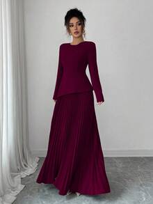 Elenzga Olive Green Asymmetrical Hem Layered Long Sleeve Round Neck Elegant Commuter Versatile Pleated Dress, Autumn/Winter - Burgundy - View 6