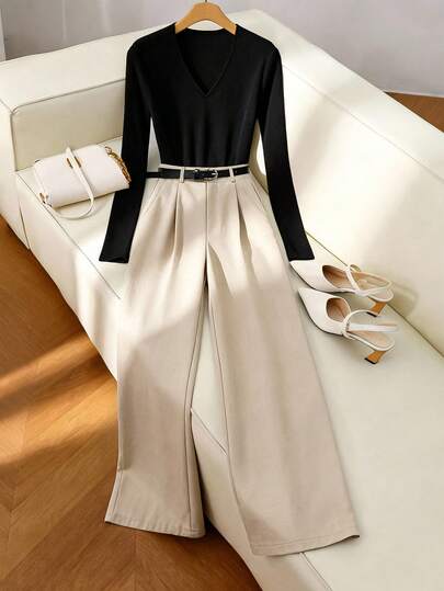 GlowEve CURVE Conjunto de top de punto de cuello en V y pantalones elegante y casual para mujer de talla grande