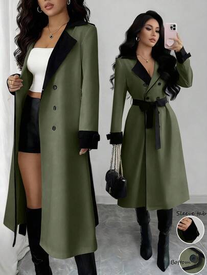 Elenzga Dam Kontrastkrage Design Dubbelknäppt Spänd midja Midja Elegant Casual Pendling Mode Fransk Mångsidig Semester Business Trenchcoat, Krämvit & Aprikos, Långärmad, Höst/Vinter