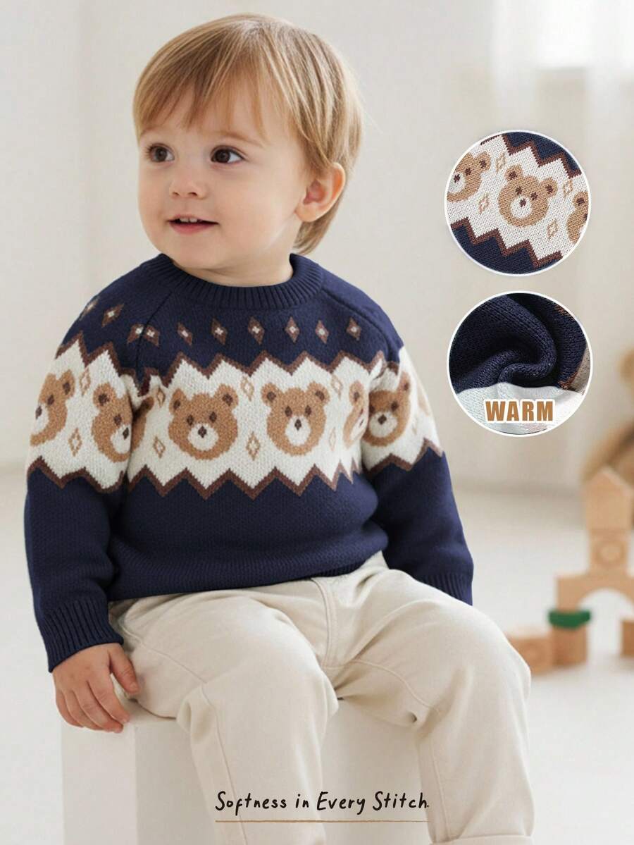 Cozy Pixies Baby Boy Bear Geometric Pattern Crew Neck Long Sleeve Pullover Sweater, Thick Soft Comfortable Casual Versatile - Navy Blue - View 1