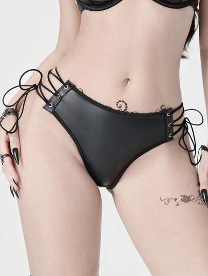 Grunge Punk Women's Dark Punk PU Chicken Eye Lace-Up Thong Panties