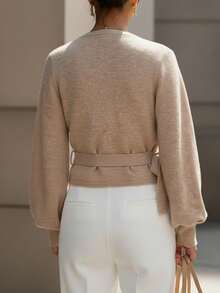 Balvessa Floral Print Wrap-Style Cropped V-Neck Tie Waist Long Gigot Sleeve Casual Elegant Sweater For Women,Long Sleeve Tops Knit Pullover Fall Winter Outfit - Khaki - View 2