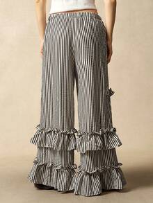 Bohemela 波西米亚风秋冬外套，女士休闲复古黑白条纹荷叶边阔腿水洗裤，西部乡村风格音乐会派对装扮，适合海滩度假、日常穿着、返校季、外出、派对、圣诞节、新年等场合。 - 彩色 - 查看 7