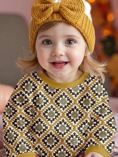 SHEIN Happikins Mustard Yellow, Casual Retro Faux Texture Diamond Knit Geometric All-Over Print, Baby Girls Casual Minimalist Loose Fit Round Neck Comfortable Daily Soft Knit Long Sleeve Sweatshirt, Suitable For Autumn & Winter