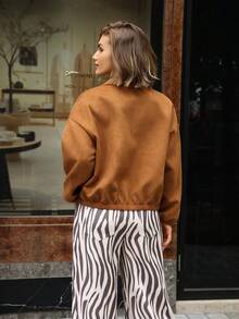 Hansera Women's Faux Suede Deer Fur Collar Long Sleeve Cardigan, Elegant Jacket, Suitable For Everyday Wear, Autumn/Winter Brown Outerwear Women Fall Clothing For Women,Brown Jacket, Brown Clothes,Winter - Brown - View 2