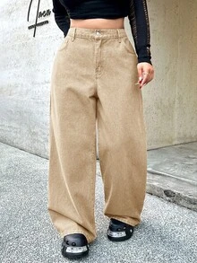 SHEIN ICON 大码休闲宽松阔腿牛仔裤，蓝色，时尚百搭 - 卡其色 - 查看 3
