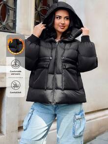 EURMUSE PALOTO NEGRU OVERSIZE FEMEIE MĂRI PLUS CU DETALII DE CAUCUC - Negru - Vizualizare 4