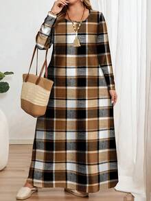 EMERY ROSE Casual Yellow & Black Plaid Textured Print Plus Size Long Sleeve Crew Neck Dress, Suitable For   New Year Party,Flower/Spring/Summer/Vacation - Multicolor - View 2