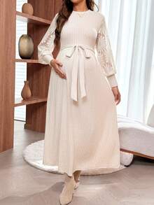 SHEIN Maternity Elegant Solid Color Round Neck Loose Dress, Autumn - Khaki - View 6