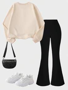 SHEIN 2件套少女水豚奶茶印花圆领长袖卫衣和喇叭裤，舒适针织长袖运动上衣，可爱卡通设计，适合秋冬休闲穿着，可爱配套喇叭裤套装，青少年喇叭裤套装，女童卫衣直筒裤套装，少女猫女服装 - 彩色 - 查看 3