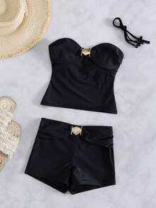 Bonvoyette Women's Elegant Black Bandeau Bikini Set With Removable Straps, 2026 Slimming High Waist Two Pieces Swimwear With Shell Embellishment, Bandeau Top & Boy Shorts, Casual Minimalist Chic Beachwear For Summer Vacation Resort Wear & Pool Party - Black - View 3