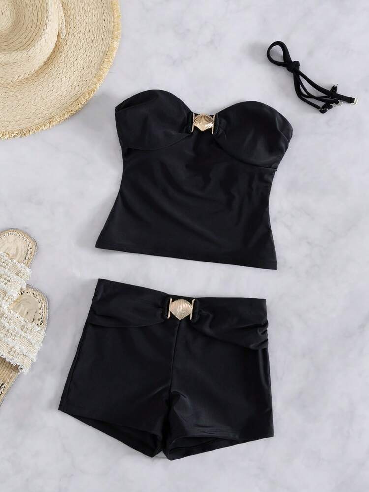 Swim Vcay Conjunto de bikini bandeau elegante negro para mujer de Bonvoyette con tirantes desmontables, traje de baño de 2 piezas con cintura alta estilizadora y adorno de concha, top bandeau y shorts tipo boy, ropa de playa minimalista y elegante para vacaciones de verano, resort y fiestas en la piscina - Negro - Añade 3