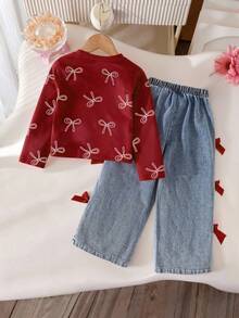 SHEIN Playful Pals Girls Casual Cute Round Neck Raglan Sleeve Loose Cropped Butterfly Print T-Shirt And Elastic Waist Straight Loose Jeans Pants With 3D Bow Design, Back To School Outfit, All Season - Burgundy - View 2