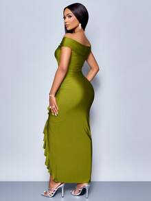SOLERSUN 夏秋季女士服装派对酒红色露肩短袖前胸中心结侧褶前开衩荷叶边长裙 - 綠色 - 查看 2