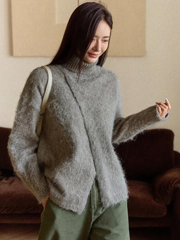Women's Casual Solid Color Turtleneck Wrap Sweater, Autumn/Winter