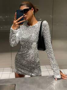 Livesso Shiny Sequin Silver New Year Christmas Wedding Party Banquet Formal Dress, Fashion Party Flare Sleeve Split Hem Mini Dress For Women Carnival - Silver - View 1