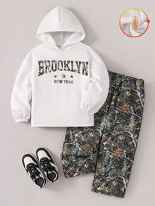 2pcs BASICS Tween Girl White Autumn Cow Boy School Back-To-School Printed Hoodie And Straight Loose Fit Sweatpants Knit Tracksuit Set For Everyday - Multicolor - View 1
