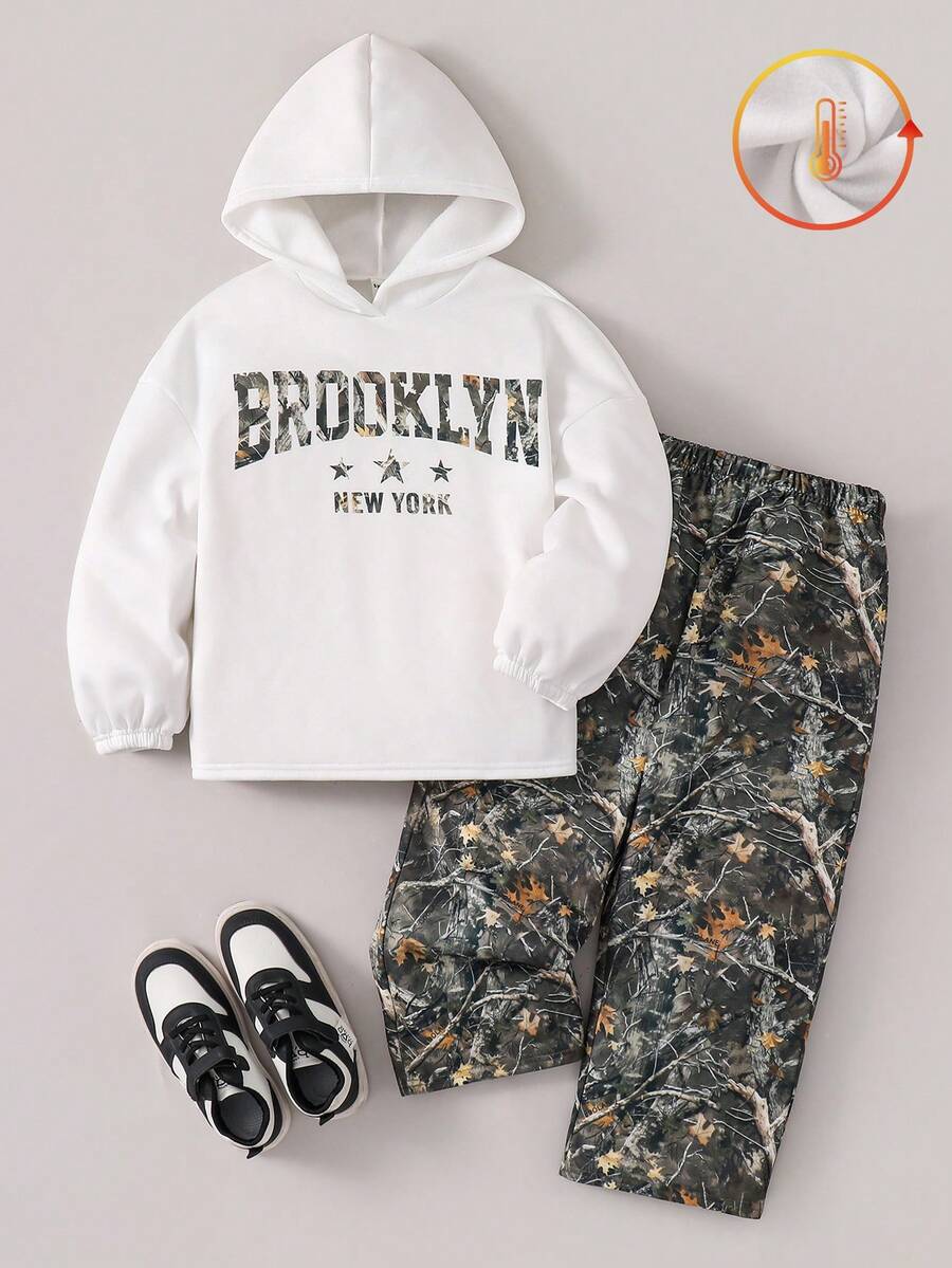 2pcs BASICS Tween Girl White Autumn Cow Boy School Back-To-School Printed Hoodie And Straight Loose Fit Sweatpants Knit Tracksuit Set For Everyday - Multicolor - View 1