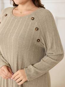 SHEIN Lacomfia Knitted Ribbed Fleece Raglan Sleeve Long Loose Comfortable Casual Simple Plus Size Dress For Women - Khaki - View 3