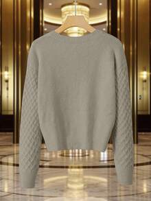 EMERY ROSE 女士镂空菱形图案粗针织开衫 - 卡其色 - 查看 2