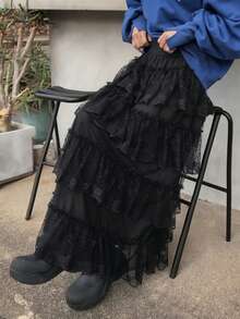 FRIFUL Women's Solid Color Elastic Waist Contrast Lace Pleated Skirt, Loose Casual Versatile Long Skirt, Autumn/Winter - Black - View 6