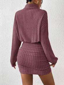 SHEIN Frenchy 女士优雅纯色高领罗纹修身连衣裙，秋冬款 - 粉色 - 查看 2