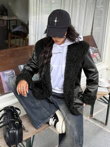 SHEIN EZwear 1 pieza Chaqueta de mujer con mangas largas, cierre delantero y forro de piel sintética negra de moda para otoño/invierno