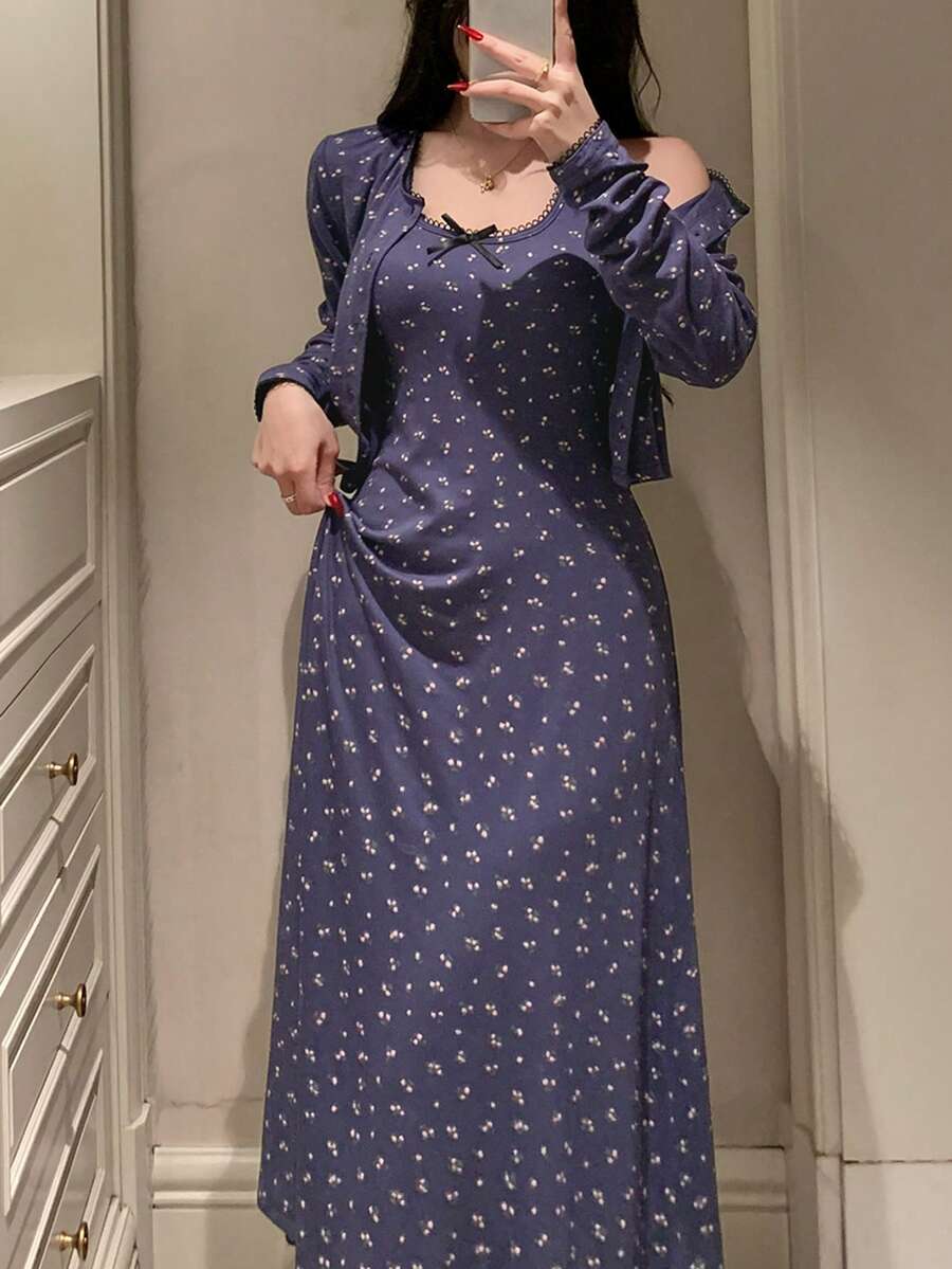 DAZY 2件套女士碎花睡裙和纽扣门襟上衣睡衣套装，冬季服装 - 藏蓝色 - 查看 1