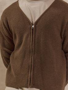 Musero Áo len cardigan dáng rộng, khóa kéo phía trước, chất liệu dệt kim gân, cổ chữ V sâu, thích hợp cho mùa Xuân Hè. Trang phục cần thiết để phối lớp. - màu nâu - Xem 3