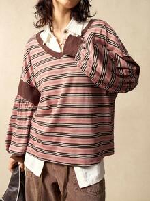Bohemela Camiseta suelta de mujer de manga larga con cuello en V de parchwork de punto a rayas, ropa de invierno para mujer, blusa a rayas de hombros descubiertos de manga larga de mujer para otoño e invierno, ropa de mujer, parte superior a rayas de color albaricoque, ropa exterior, blusa de hombros descubiertos a rayas, blusa casual de mujer, camiseta de manga larga, blusa de Navidad, blusa de Año Nuevo, blusa marrón, blusa a rayas marrones, otoño, ropa de otoño para mujer - Multicolor - Ver 3