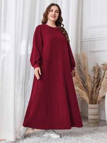 Mulvari 女式纹理套头休闲大码卫衣连衣裙，适合秋冬，休闲连衣裙卫衣，适合日常休闲/居家 - 紅色 - 查看 5