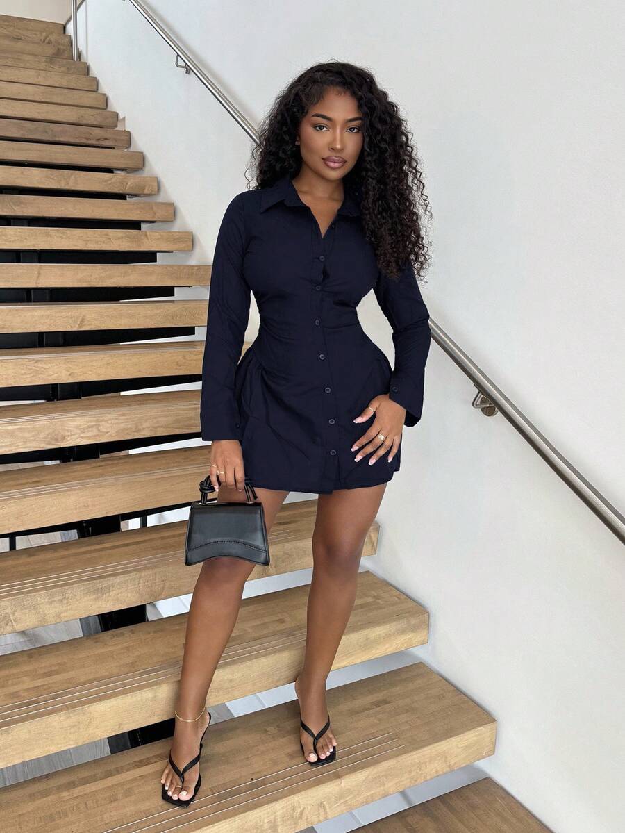 Alexandranx Solid Color Ruched Fitted Women's Shirtdress Fall Cloth For Women - Navy Blue - View 1