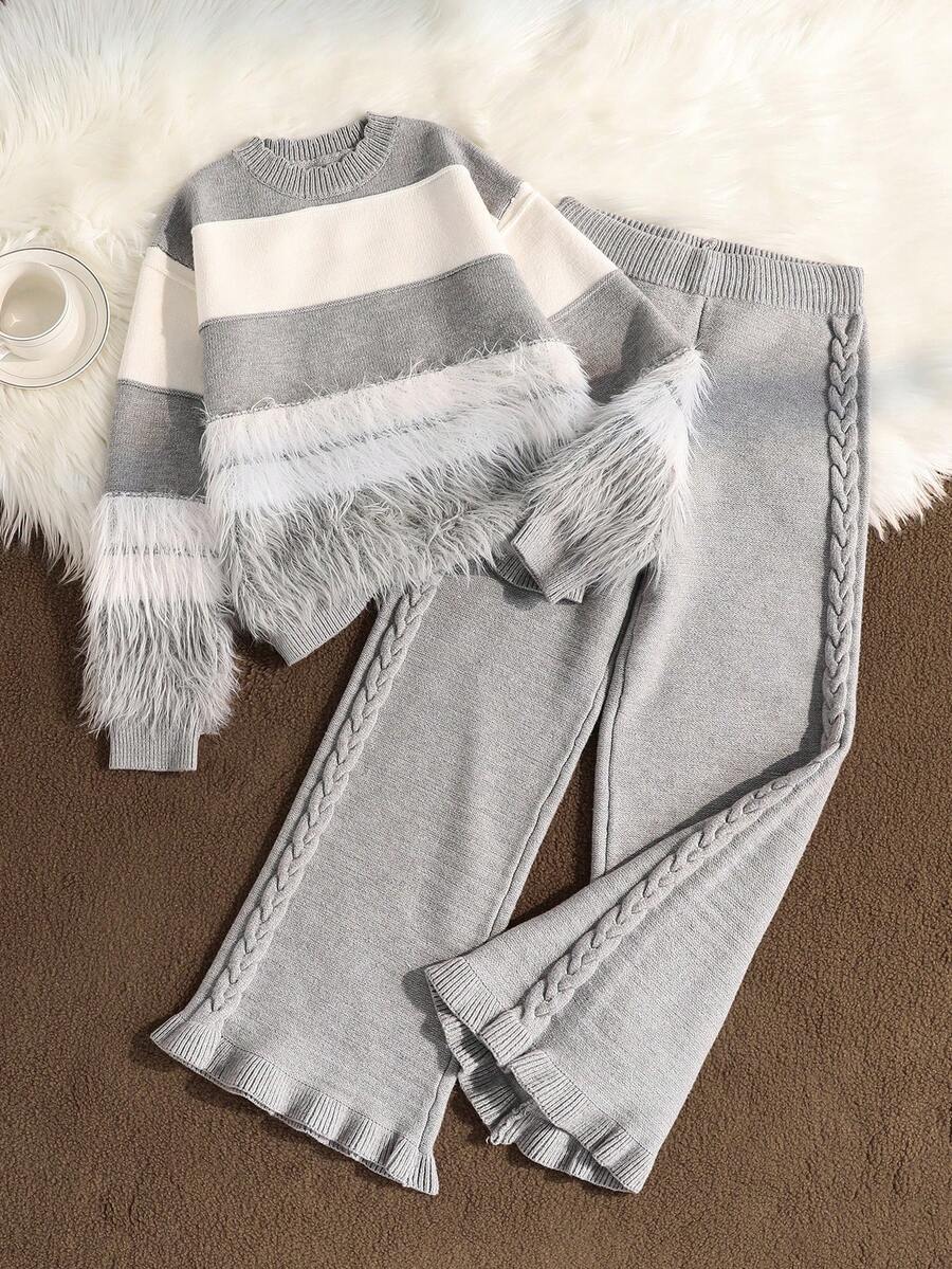 Elladie kids 2 件套女童条纹撞色针织毛衣和荷叶边下摆裤套装,舒适休闲装,适合秋冬 - 灰色 - 查看 1