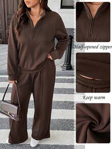 Easura 2pcs/Set Fashionable Casual French Retro Elegant Commuting Stand Collar Sweatshirt - Coffee Brown - View 8