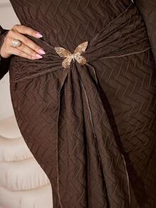 Modelyn Autumn/Winter Asymmetric Collar Butterfly Decor Button Sexy Cold-Shoulder Elegant Long Sleeve Plus Size Dress, Brown - Brown - View 6