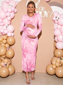 Loomaby Elegant Maternity Party Floral Print Ruched Bodycon Dress Babyshower Dress Maternity Maternity Dress Pink Pregnancy Photoshoot Dress Baby Shower Dress Pink - Pink - View 4