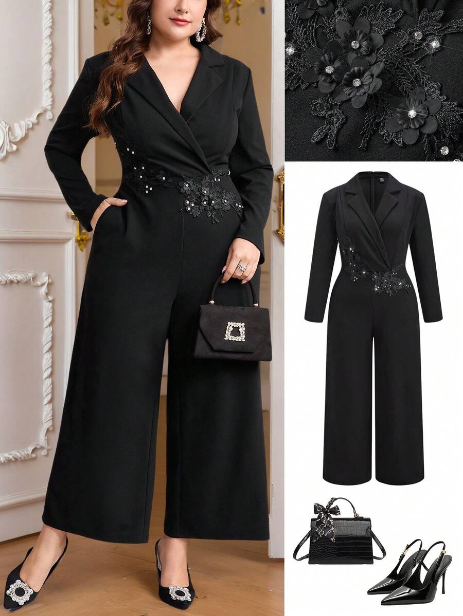 Ellevyn Plus Size Women's Elegant Black Long Sleeve Long Jumpsuit With Pockets And Lace Trim, Suitable For Autumn And Winter - Black - View 1