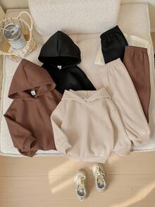 SHEIN 6件套女婴可爱纯色爱心图案连帽卫衣和松紧腰裤，秋冬季 - 彩色 - 查看 9