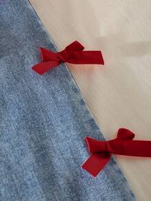 SHEIN Playful Pals Girls Casual Cute Round Neck Raglan Sleeve Loose Cropped Butterfly Print T-Shirt And Elastic Waist Straight Loose Jeans Pants With 3D Bow Design, Back To School Outfit, All Season - Burgundy - View 4