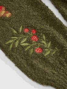 ROMWE Fairycore 大码女式蘑菇刺绣落肩长袖休闲针织开衫，秋冬 - 墨綠色 - 查看 2