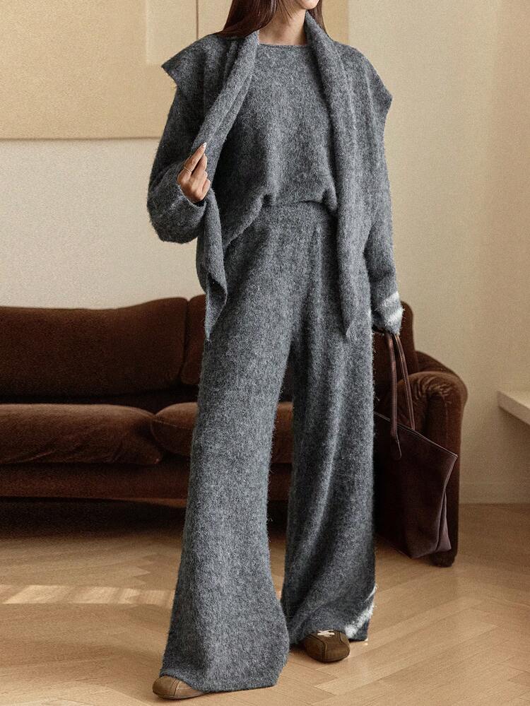 2pcs Women's Loose Business Casual Elegant Gray Design Crew Neck Knit Sweater And Pants Set, Autumn/Winter