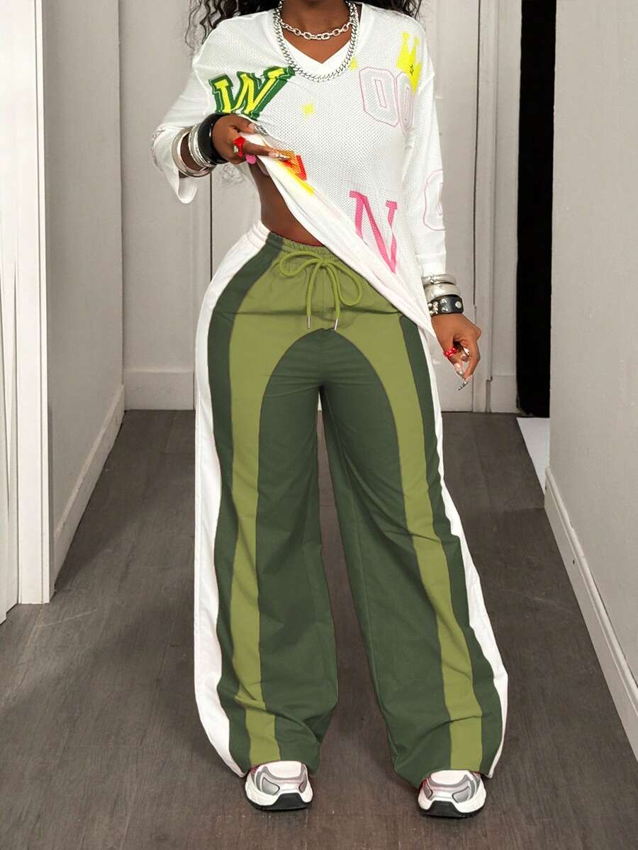 BamGleam Women's Color Block Drawstring Waist Casual Loose Wide Leg Pants